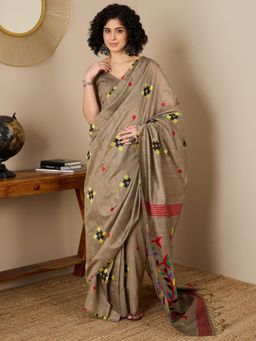 Akhilam - Women Cotton Silk Brown Woven Saree with Unstitched Bloue