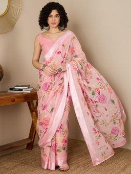 Akhilam - Women Cotton Silk Pink Printed Saree with Unstitched Bloue