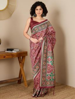 Akhilam - Women Silk Blend Brown Printed Pre-Draped Saree with Unstitched Bloue