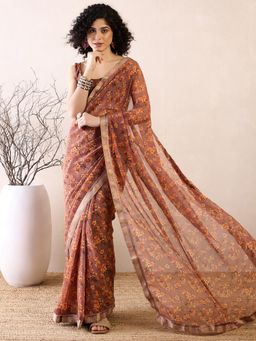 Sareemall - Women Georgette Brown Printed Saree with Unstitched Bloue