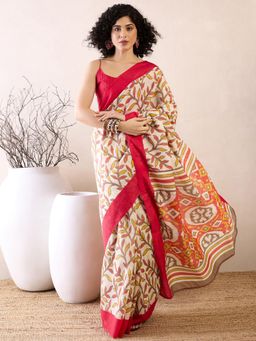 Sareemall - Women Silk Blend Cream Printed Saree with Unstitched Bloue