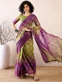 Akhilam - Women Linen Purple Printed Saree with Unstitched Bloue