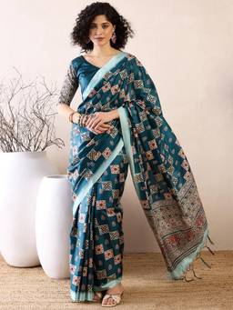Sareemall - Women Satin Teal Printed Saree with Unstitched Bloue