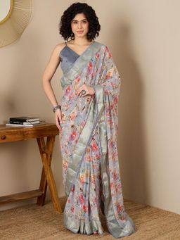 Sareemall - Women Georgette Grey Floral Saree with Unstitched Bloue