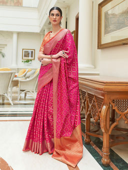 Odette - Festive Magenta Silk Blend Woven Saree with Unstitched Blouse
