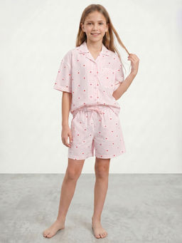 R&B - Girls Pink Striped Shirt Collar Short Sleeves Pure Cotton Shirt and Shorts