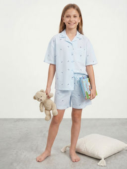 R&B - Girls Blue Striped Shirt Collar Short Sleeves Pure Cotton Shirt and Shorts