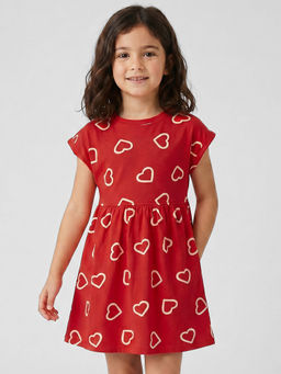R&B - Red Cotton Printed Girls Dress