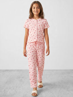 R&B - Girls Pink Printed Round Neck Short Sleeves Pure Cotton Shirt and Pyjamas