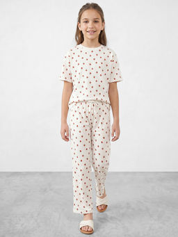 R&B - Girls Off White Printed Round Neck Short Sleeves Pure Cotton T-Shirt and Pyjama