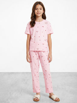 R&B - Girls Pink Printed Round Neck Short Sleeves Pure Cotton T-Shirt and Pyjamas