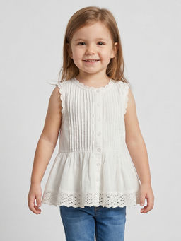 R&B - Girls White Self Design Round Neck Sleeveless Tops