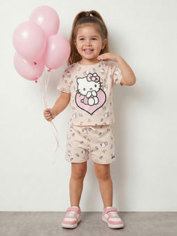 R&B - Pink Girls Printed Short Sleeves T-Shirt With Shorts