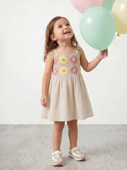 R&B - Beige Cotton Printed Girls Dress