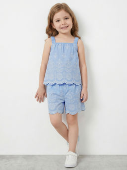 R&B - Blue Cotton Blend Girl Top With Shorts
