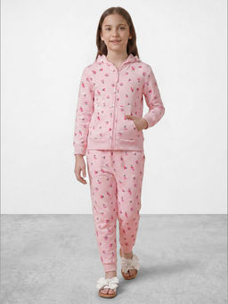 R&B - Girls Pink Printed Long Sleeves Hooded Neck Sweatshirt And Joggers