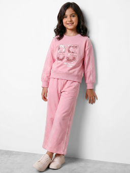 R&B - Girls Pink Typography Long Sleeves Round Neck Sweatshirt And Pants