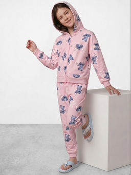 R&B - Girls Pink Printed Long Sleeves Hooded Neck Sweatshirt And Pants