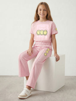 R&B - Girls Pink Printed Short Sleeves Round Neck Sweatshirt And Trousers