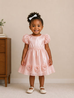 Mi Arcus - Solid And Floral Patch Work Design Frock Dress- Peach