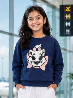 KiddoPanti - Girls Cotton Fleece Full Sleeves Sweatshirt With Applique Navy Blue