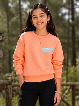 KiddoPanti - Girls Cotton Fleece Full Sleeves Sweatshirt With Applique Peach