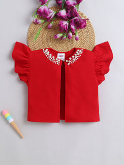 Bright Star Kids Wear - Pearl Embellished Flutter Sleeve Shrug Red