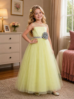 Toy Balloon Kids - Kids Girls Lemon Yellow Party Wear Gown Full Length