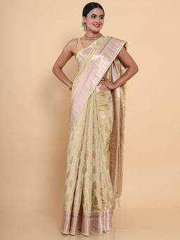 Mimosa - Women Traditional Kasavu Art Silk Beige Saree with Unstitched Blouse