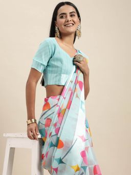 Odette - Linen Turquoise Printed Designer Saree with Unstitched Blouse