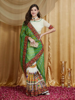 Gahan - Orange Women's Designer Georgette Kutchi Peacock Embroidery Work with Unstitched Blouse