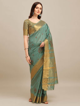 Gahan - Turquoise Women's Assam Cotton Silk Saree Embroidery with Unstitched Blouse