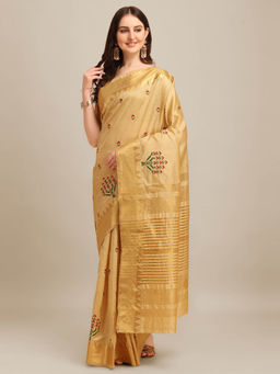 Gahan - Cream Women's Assam Cotton Silk Saree With Embroidery with Unstitched Blouse