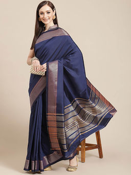 Gahan - Navy Blue Women's Soft Cotton Silk Saree With Golden Broad Border with Unstitched Blouse