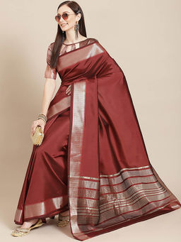 Gahan - Maroon Women's Soft Cotton Silk Saree With Golden Broad Border with Unstitched Blouse