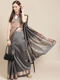 Gahan - Grey Women's Soft Cotton Silk Saree With Golden Broad Border with Unstitched Blouse
