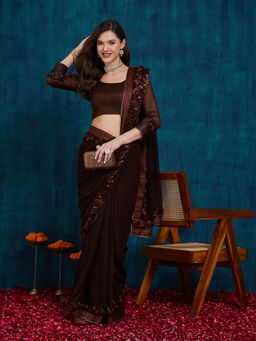 Gahan - Brown Women's Designer Georgette Saree with Ribbon & Stone Work with Unstitched Blouse