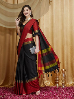 Gahan - Women's Black & Red Cotton Silk Solid Print Saree with Unstitched Blouse