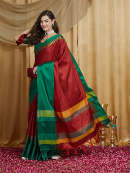 Gahan - Women's Red & Rama Cotton Silk Solid Print Saree with Unstitched Blouse