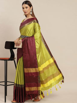 Gahan - Women's Light Green & Brown Cotton Silk Solid Print Saree with Unstitched Blouse