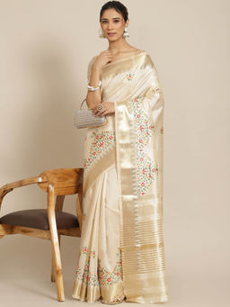 Gahan - White Women's Assam Cotton Silk Saree With Embroidery with Unstitched Blouse