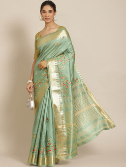 Gahan - Green Women's Assam Cotton Silk Saree With Multicolor Embroidery with Unstitched Blouse