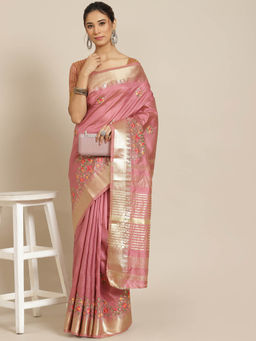 Gahan - Pink Women's Assam Cotton Silk Saree With Multicolor Embroidery with Unstitched Blouse
