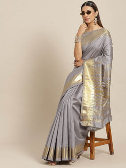 Gahan - Grey Women's Assam Silk Solid Saree With Temple Border with Unstitched Blouse