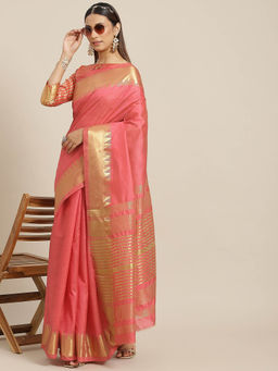 Gahan - Pink Women's Assam Silk Solid Saree With Temple Border with Unstitched Blouse