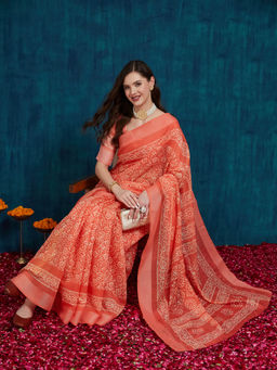 Gahan - Peach Women's Linen Blend Cotton Block Print Saree with Unstitched Blouse
