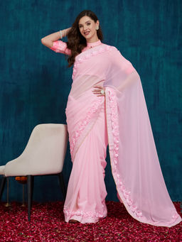 Gahan - Baby Pink Women's Designer Georgette Saree with Unstitched Blouse