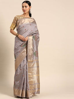 Gahan - Grey Women's Assam Cotton Silk Saree With Embroidery with Unstitched Blouse