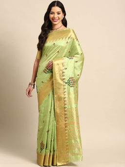 Gahan - Light Green Women's Assam Cotton Silk Saree Embroidery with Unstitched Blouse