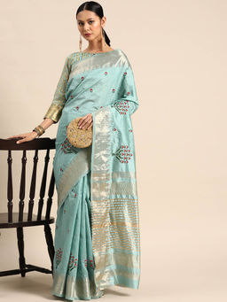 Gahan - Sky Blue Women's Assam Cotton Silk Saree With Embroidery with Unstitched Blouse